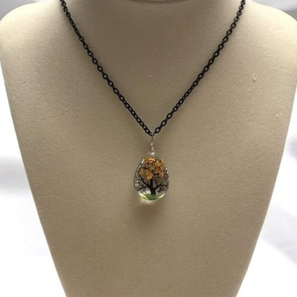 Vintage Painted Tree Silhouette, Pressed Flowers Teardrop Glass Pendant Necklace
